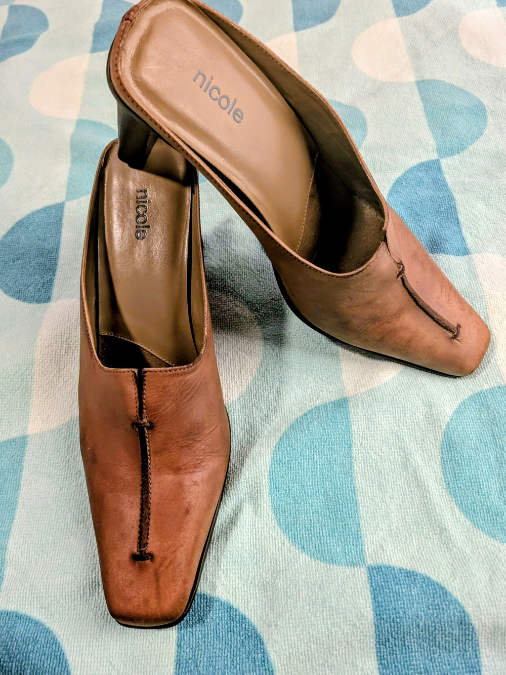 Nicole Brown Leather Square-Toe Slip-On Mules